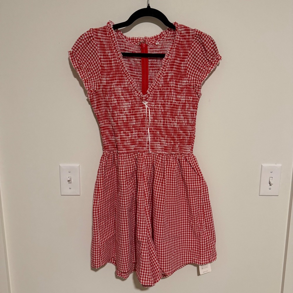 Red Gingham Smocked Jumpsuit & Romper Sz Small NWT